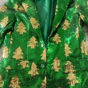 Green Sequin Blazer with Gold Tree Pattern